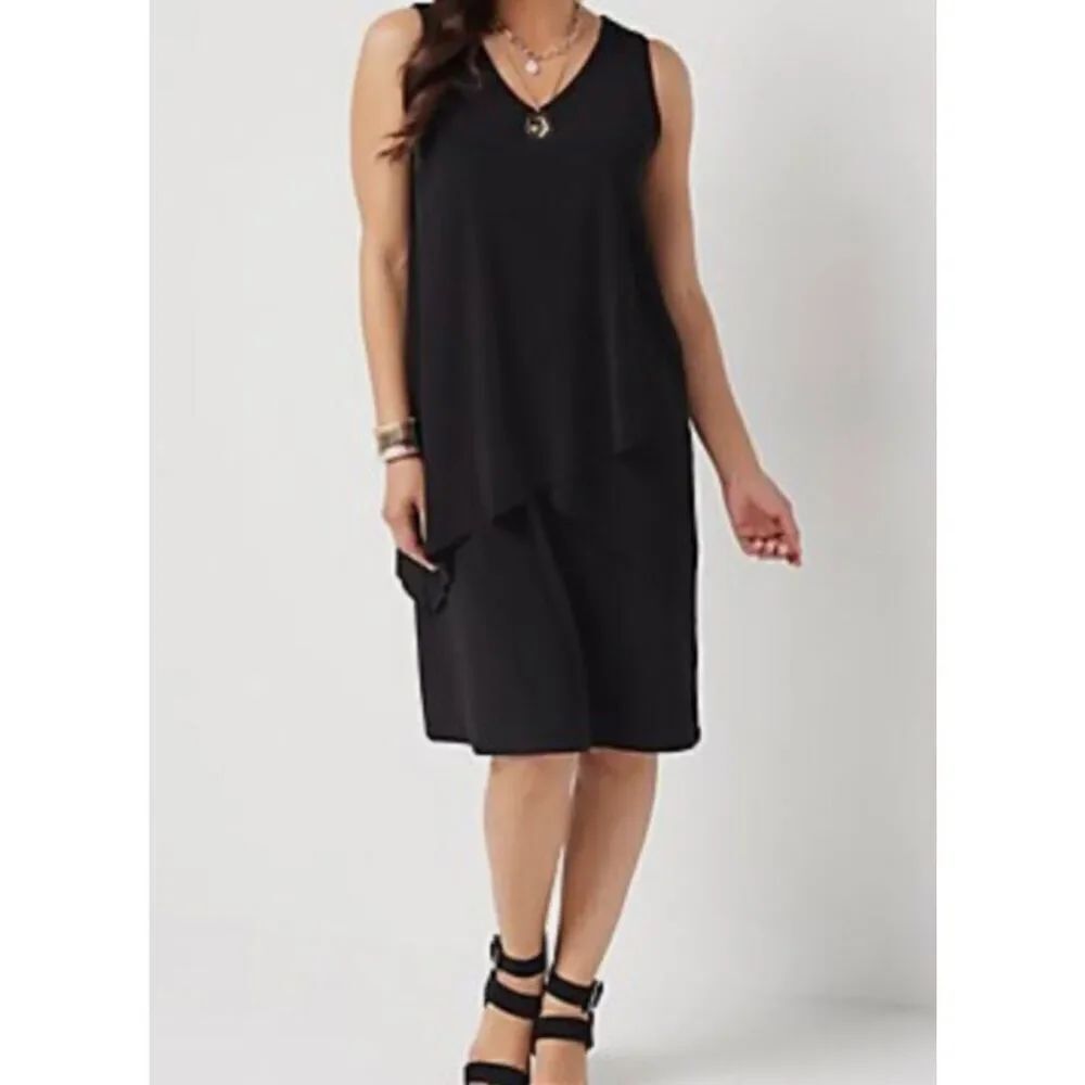 Susan Graver women’s liquid knit, Sleeveless tiered black dress, medium